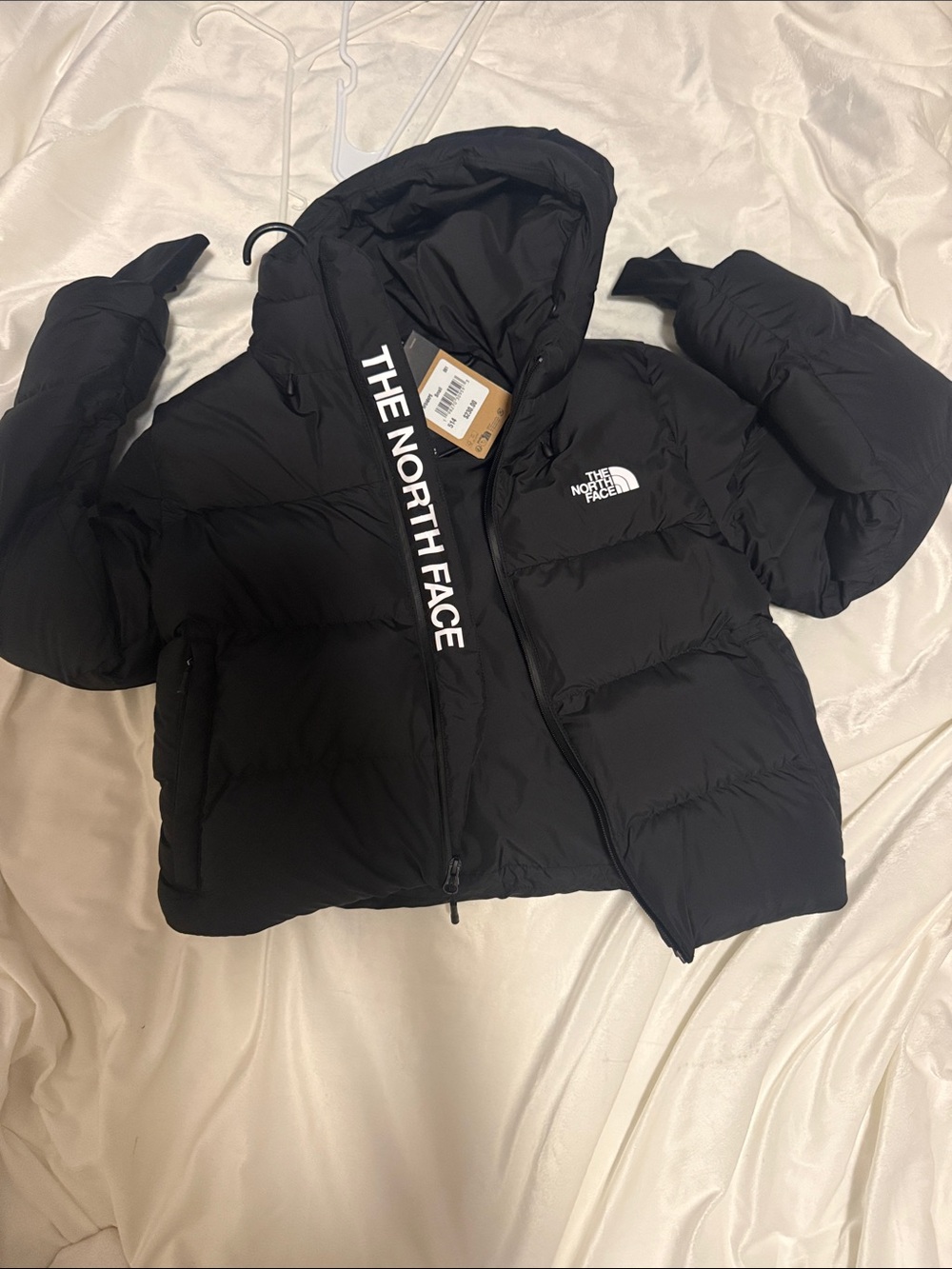 The North Face Women's Black Hooded Puffer Jacket with Logo Strap